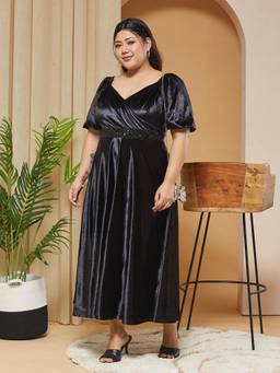 Miss Chase - A+ Curve Collection Plus Size Women Black Fit & Flare Midi Velvet Dress