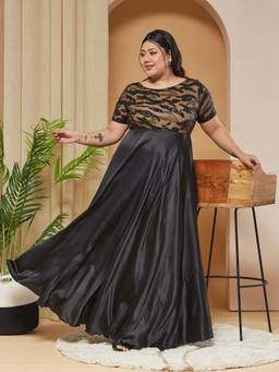Miss Chase - A+ Curve Collection Plus Size Women Black Fit & Flare Satin Maxi Dress