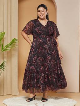 Miss Chase - A+ Curve Collection Plus Size Women Black Relaxed Fit Wrap Maxi Dress