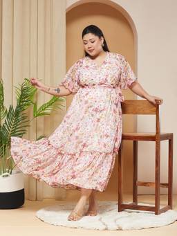 Miss Chase - A+ Curve Collection Plus Size Women Pink Wrap Chiffon Maxi Dress