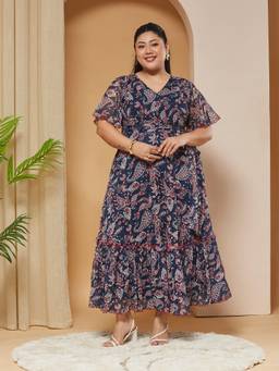 Miss Chase - A+ Curve Collection Plus Size Women Navy Blue Wrap Maxi Dress