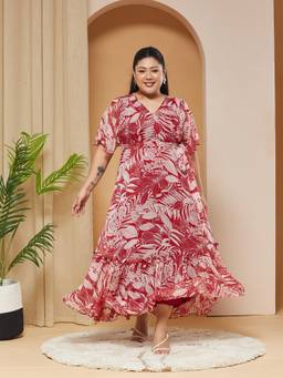 Miss Chase - A+ Curve Collection Plus Size Women Maroon Floral Wrap Maxi Dress