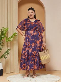Miss Chase - A+ Curve Collection Plus Size Women Purple Floral Wrap Maxi Dress