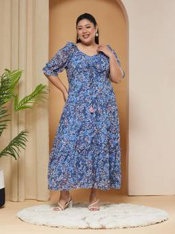 Miss Chase - A+ Curve Collection Plus Size Women Navy Blue Ankle-Length Dress