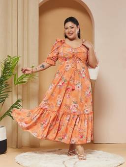 Miss Chase - A+ Curve Collection Plus Size Women Orange Floral Ruching Dress