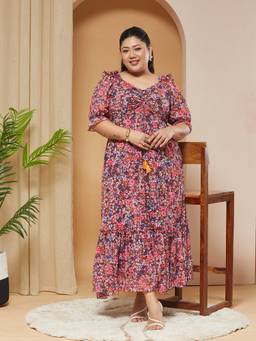 Miss Chase - A+ Curve Collection Plus Size Women Maroon Floral Ruching Dress