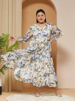 Miss Chase - A+ Curve Collection Plus Size Women White Floral Wrap Midi Dress