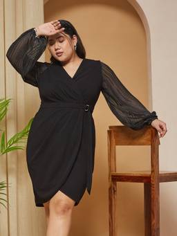 Miss Chase - A+ Curve Collection Plus Size Women Black Solid Wrap Knee-Length Dress
