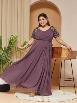 Miss Chase - A+ Curve Collection Plus Size Women Mauve Relaxed Fit Maxi Georgette Dress