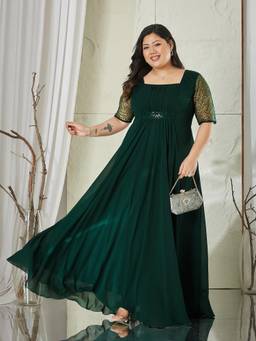 Miss Chase - A+ Curve Collection Plus Size Women Dark Green Embellished Maxi Dress
