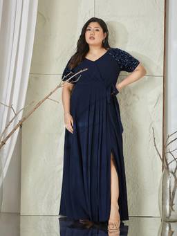 Miss Chase - A+ Curve Collection Plus Size Women Navy Blue Relaxed Fit Maxi Georgette Dress