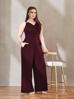 Miss Chase - A+ Curve Collection Plus Size Women Maroon Sleeveless Solid Wrap Jumpsuit