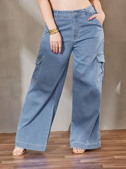 Miss Chase - A+ Curve Collection Plus Size Women Blue Wide Leg Stretchable Denim Jeans
