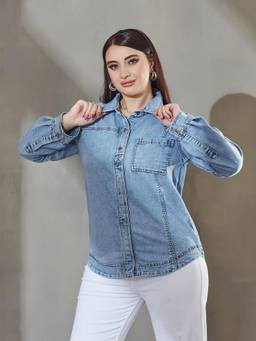 Miss Chase - A+ Curve Collection Plus Size Women Light Blue Asymmetric Denim Shirt