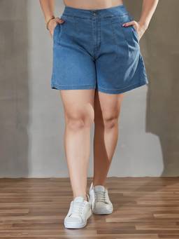 Miss Chase - A+ Curve Collection Plus Size Women Blue Flared High-Rise Denim Shorts