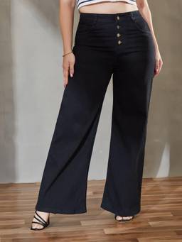 Miss Chase - A+ Curve Collection Plus Size Women Black Wide Leg Stretchable Denim Jeans