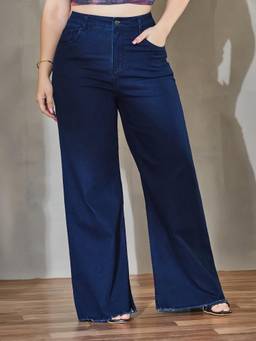 Miss Chase - A+ Curve Collection Plus Size Women Navy Blue Wide-Leg Denim Jeans