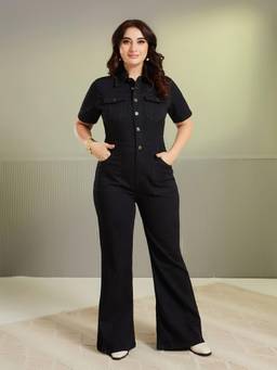 Miss Chase - A+ Curve Collection Plus Size Women Black Flared High Rise Denim Jumpsuit