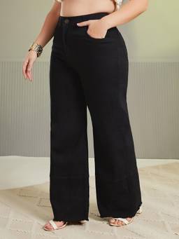 Miss Chase - A+ Curve Collection Plus Size Women Black Wide Leg Stretchable Denim Jeans