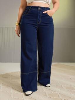 Miss Chase - A+ Curve Collection Plus Size Women Navy Blue Wide Leg Denim Jeans
