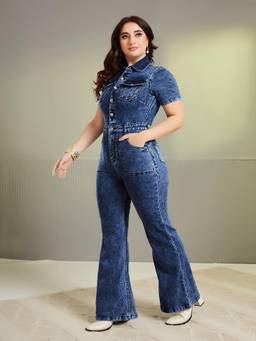 Miss Chase - A+ Curve Collection Plus Size Women Navy Blue Flared Denim Jumpsuit