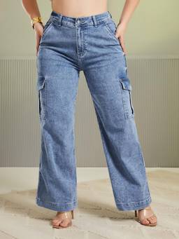 Miss Chase - A+ Curve Collection Plus Size Women Blue Wide-Leg Flared Cargo Jeans