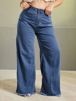 Miss Chase - Curve Collection Plus Size Women Mid Blue Wide-Leg Stretchable Denim Jeans