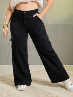 Miss Chase - A+ Curve Collection Plus Size Women Black Wide Leg Stretchable Denim Jeans