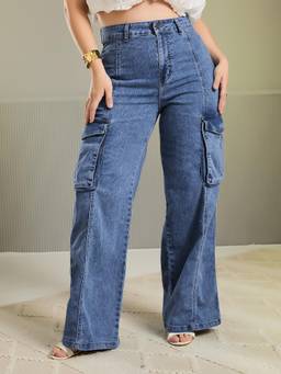 Miss Chase - A+ Curve Collection Plus Size Women Blue Wide Leg Patch Pocket Denim Jeans