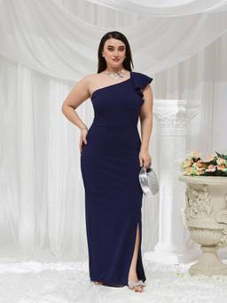 Miss Chase - A+ Curve Collection Plus Size Women Navy Blue One Shoulder Maxi Dress