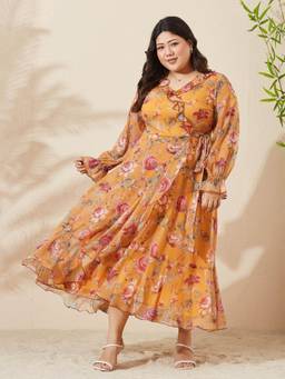 Miss Chase - A+ Curve Collection Plus Size Women Mustard Midi Chiffon Dress