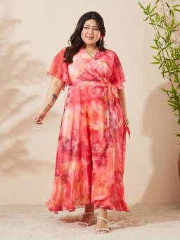 Miss Chase - A+ Curve Collection Plus Size Women Flame Orange Chiffon Dress