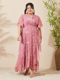 Miss Chase - A+ Curve Collection Plus Size Women Pink Maxi Chiffon Dress