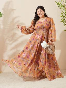 Miss Chase - A+ Curve Collection Plus Size Women Mustard Chiffon Maxi Dress