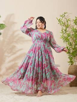 Miss Chase - A+ Curve Collection Plus Size Women Pink Maxi Chiffon Dress