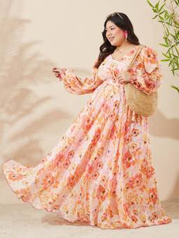 Miss Chase - A+ Curve Collection Plus Size Women Orange Floral Maxi Dress
