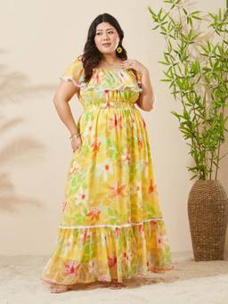 Miss Chase - A+ Curve Collection Plus Size Women Yellow Maxi Chiffon Dress