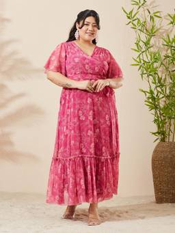 Miss Chase - A+ Curve Collection Plus Size Women Pink Wrap Maxi Chiffon Dress