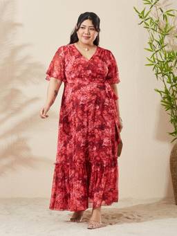 Miss Chase - A+ Curve Collection Plus Size Women Red Wrap Maxi Chiffon Dress