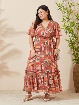 Miss Chase - A+ Curve Collection Plus Size Women Peach Wrap Chiffon Maxi Dress