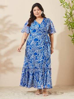 Miss Chase - A+ Curve Collection Plus Size Women Blue Floral Chiffon Dress