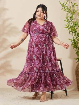 Miss Chase - A+ Curve Collection Plus Size Women Maroon Chiffon Dress