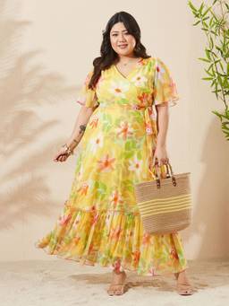Miss Chase - A+ Curve Collection Plus Size Women Yellow Wrap Chiffon Maxi Dress