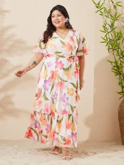 Miss Chase - A+ Curve Collection Plus Size Women White Floral Wrap Maxi Dress