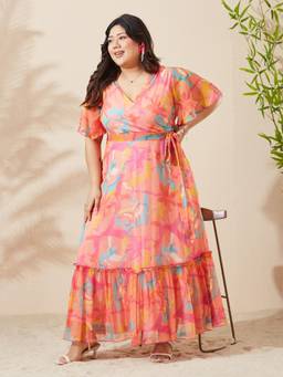 Miss Chase - A+ Curve Collection Plus Size Women Orange Floral Maxi Dress