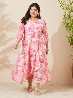 Miss Chase - A+ Curve Collection Plus Size Women Pink Midi Chiffon Dress