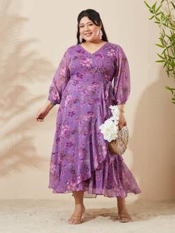 Miss Chase - A+ Curve Collection Plus Size Women Lavender Wrap Chiffon Midi Dress