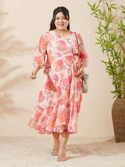 Miss Chase - A+ Curve Collection Plus Size Women Peach Wrap Midi Chiffon Dress