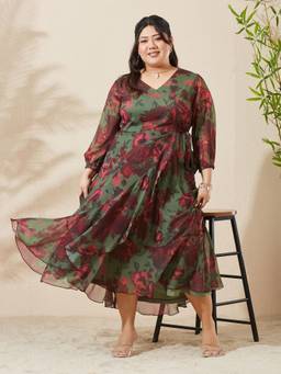 Miss Chase - A+ Curve Collection Plus Size Women Olive Midi Chiffon Dress