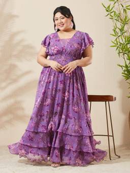 Miss Chase - A+ Curve Collection Plus Size Women Purple Maxi Chiffon Dress